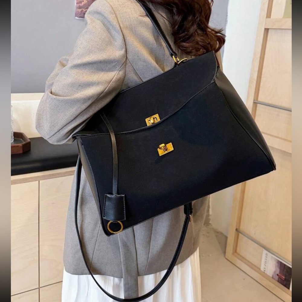 Black faux suede & faux leather contrast tote shoulder bag / handbag purse - Picture 8 of 9